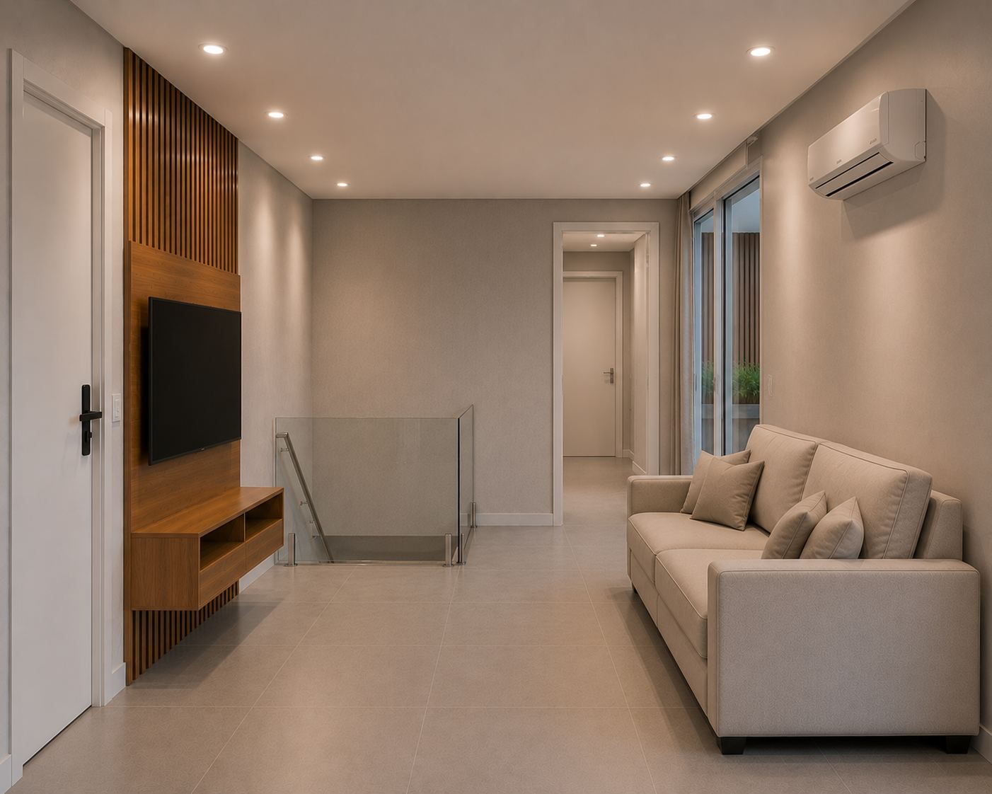 Sala de estar do mezanino superior da cobertura 601, com sofá, TV e acesso ao terraço