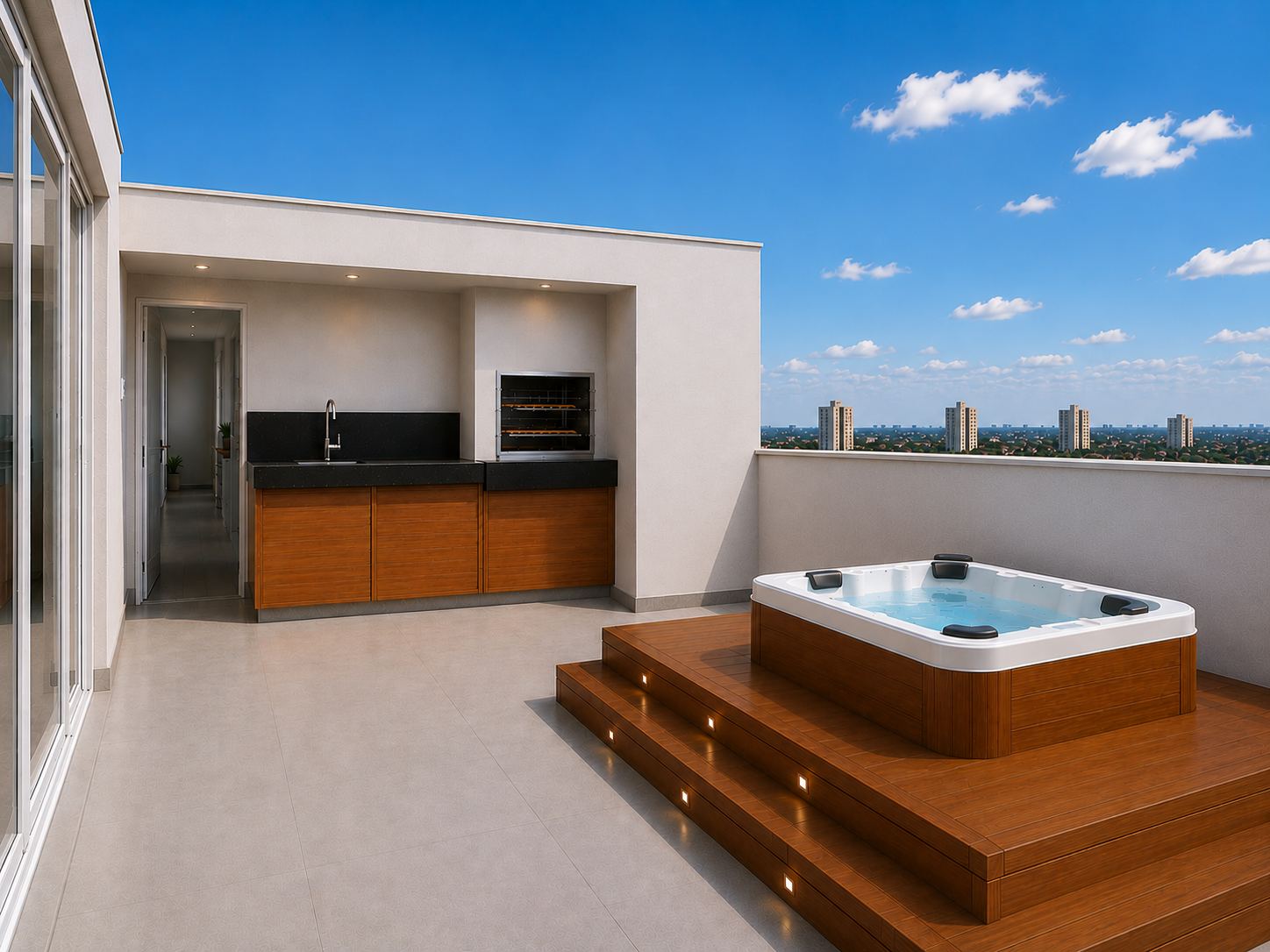 Outro ângulo do terraço da cobertura 601, com churrasqueira, banheira de hidromassagem e vista para a cidade