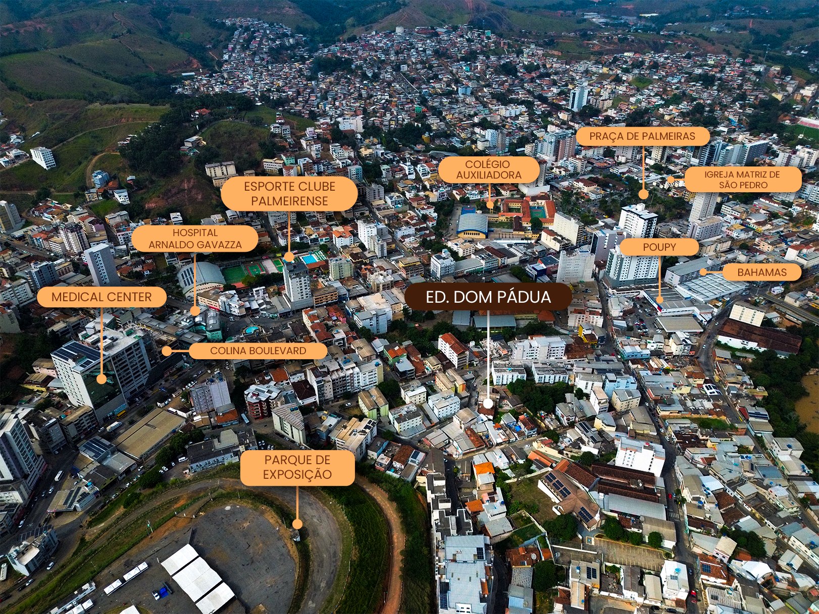 Vista aérea — Edifício Dom Pádua e entorno · Ponte Nova, MG
